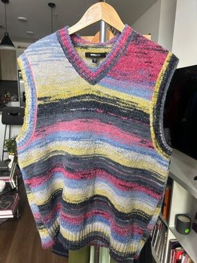 Fashion Nova Multicolor Striped V-Neck Sweater Vest - Blue, Pink, Yellow, Gray